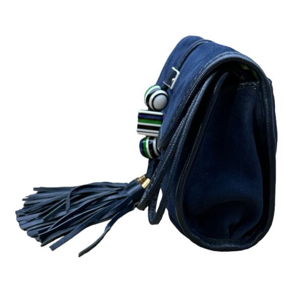 Juicy Couture Navy Blue Suede Clutch - Magnetic Closure - Leather Trim & Tassels - Picture 4 of 8